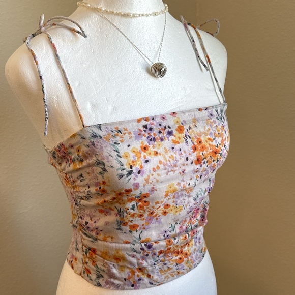 H&M Tops - H&M 100% Linen Fitted Tie Shoulder Top Feminine Coquette Dainty Floral Boho
